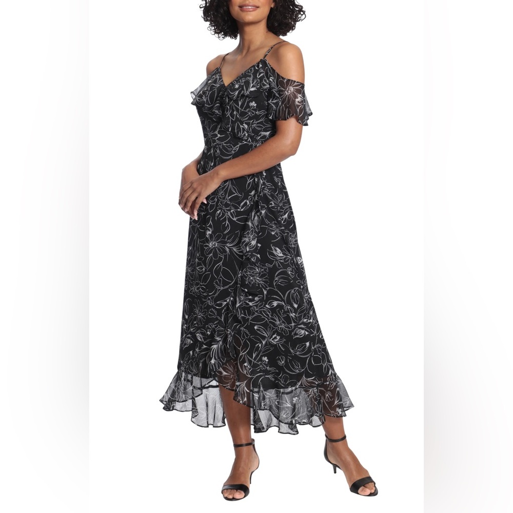 London Times Floral Chiffon Cold Shoulder Midi Dress
